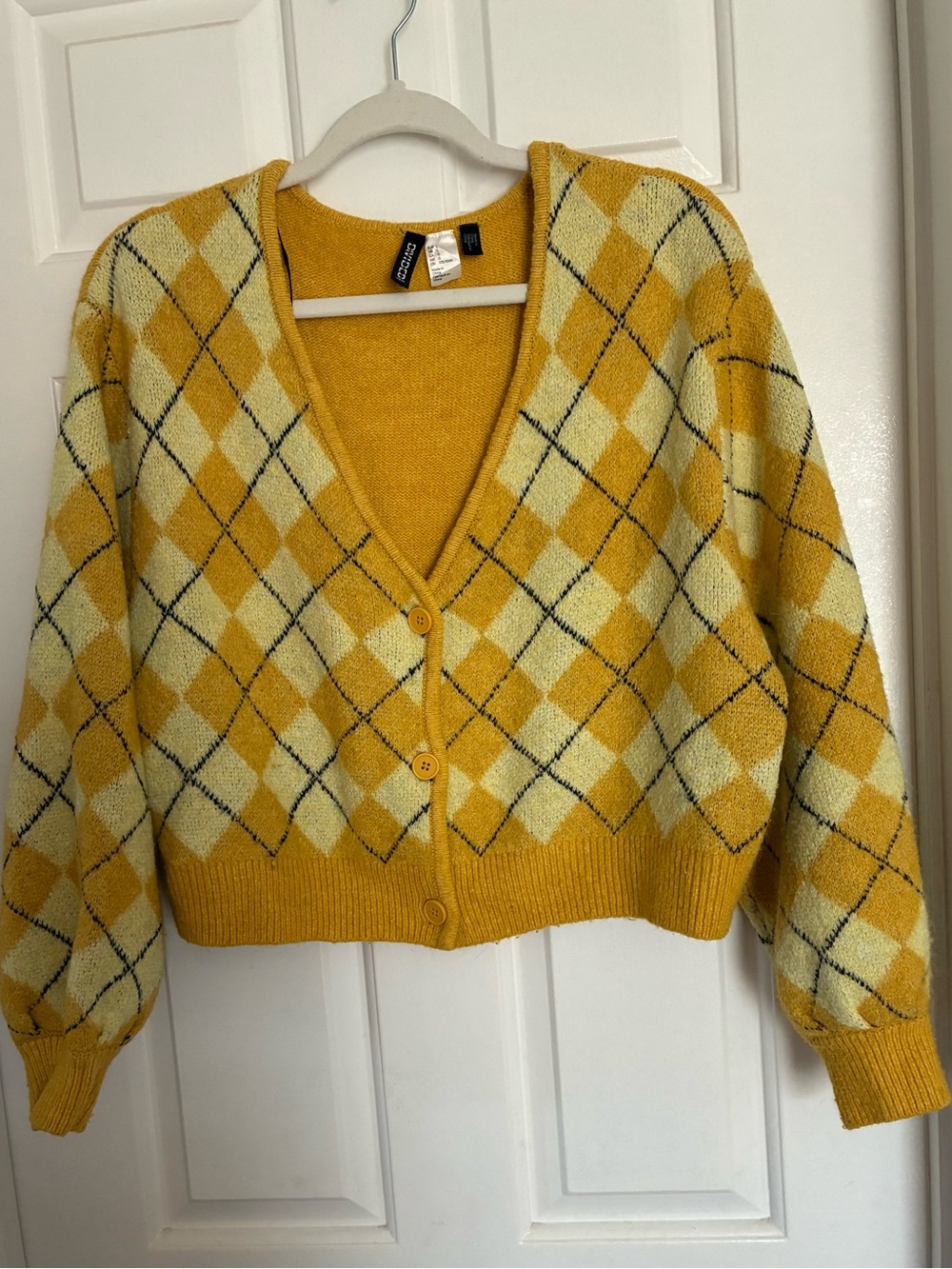 H&M Yellow Argyle V-Neck Wool Blend Cardigan Sweater Large